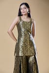 Buy_Samyukta Singhania_Black Brocade Woven Floral Round Short Kurta With Pleated Pant 