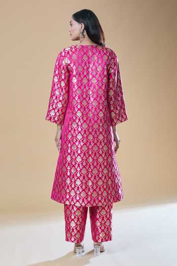 Shop_Samyukta Singhania_Pink Brocade Embroidery V-neck Floral Woven A-line Kurta With Pant _at_Aza_Fashions