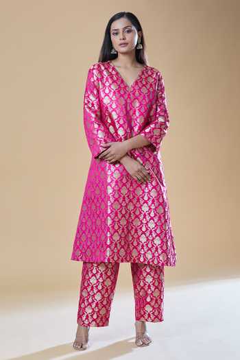 Shop_Samyukta Singhania_Pink Brocade Embroidery V-neck Floral Woven A-line Kurta With Pant _Online_at_Aza_Fashions