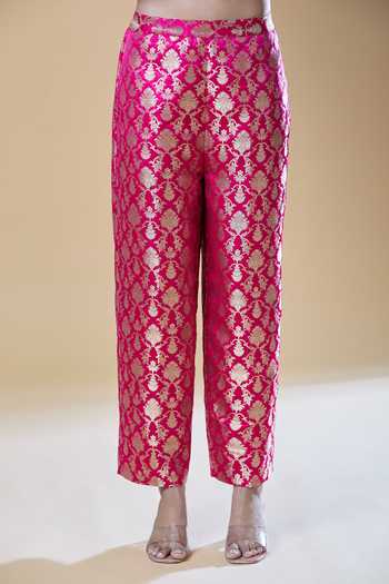 Buy_Samyukta Singhania_Pink Brocade Embroidery V-neck Floral Woven A-line Kurta With Pant 