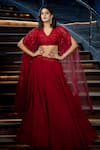 Buy_Aakansha Gupta_Red Organza Embroidered Thread Cape Open Waist Lehenga Set _at_Aza_Fashions