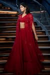 Buy_Aakansha Gupta_Red Organza Embroidered Thread Cape Open Waist Lehenga Set _Online_at_Aza_Fashions