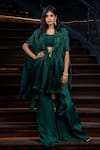 Buy_Aakansha Gupta_Green Organza Embroidered Thread Cape Quinin Floral Ruched Flared Pant Set _at_Aza_Fashions