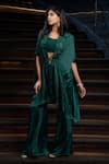 Aakansha Gupta_Green Organza Embroidered Thread Cape Quinin Floral Ruched Flared Pant Set _Online_at_Aza_Fashions