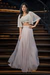 Buy_Aakansha Gupta_Pink Crepe Embroidered Thread Cape Open Cosmo Pastel Lehenga Set _at_Aza_Fashions