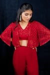 Shop_Aakansha Gupta_Red Organza Embroidered Thread Cape Scalloped Cut Dana Jacket Flared Pant Set _Online_at_Aza_Fashions