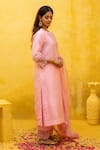 MITHI SUPARI_Pink Jute Linen Embroidered Thread Round Pushp Floral Cuwtork Kurta Pant Set _at_Aza_Fashions