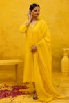 Buy_MITHI SUPARI_Yellow Jute Linen Embroidered Zari V Neck Lalitha And Zardozi Kurta Pant Set _Online_at_Aza_Fashions