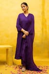 MITHI SUPARI_Purple Malai Chanderi Embroidered Thread V Neck Chonga Butti Kurta Pant Set _Online_at_Aza_Fashions