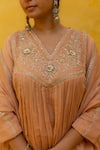 MITHI SUPARI_Pink Malai Chanderi Embroidered Zari V Neck Shaila Zardozi Kurta Set _Online_at_Aza_Fashions