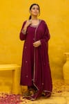 Buy_MITHI SUPARI_Wine Malai Chanderi Embroidered Zardozi Round Kunthi Kurta Set _at_Aza_Fashions