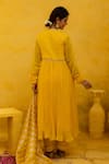 Shop_MITHI SUPARI_Yellow Pure Silk Chnaderi Embroidered Thread V Neck Rajni Anarkali Set _at_Aza_Fashions