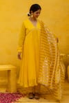 MITHI SUPARI_Yellow Pure Silk Chnaderi Embroidered Thread V Neck Rajni Anarkali Set _at_Aza_Fashions