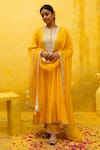 Buy_MITHI SUPARI_Yellow Pure Silk Chanderi Embroidered Zardozi Notched Tilla Kurta Set _at_Aza_Fashions