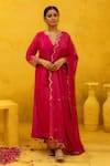 Buy_MITHI SUPARI_Pink Malai Chanderi Embroidered Zari Notched Radhika A-line Kurta Pant Set _at_Aza_Fashions