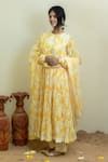 Buy_MITHI SUPARI_Yellow Cambric Cotton Printed Floral Round Anarkali Set _Online_at_Aza_Fashions