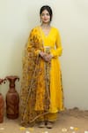 Buy_MITHI SUPARI_Yellow Viscose Chanderi Printed Kalamkari V Neck Placement Anarkali Set _at_Aza_Fashions