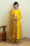 MITHI SUPARI_Yellow Viscose Chanderi Printed Kalamkari V Neck Placement Anarkali Set _Online_at_Aza_Fashions