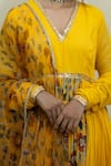 MITHI SUPARI_Yellow Viscose Chanderi Printed Kalamkari V Neck Placement Anarkali Set _at_Aza_Fashions