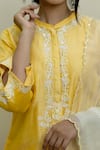 MITHI SUPARI_Yellow Pure Silk Chanderi Embroidery Thread Mandarin Collar Placket Kurta Set _at_Aza_Fashions