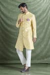 Buy_Aryavir Malhotra_Yellow Pure Silk Embroidery Gardenia Bloom Asymmetric Sherwani With Polo Pant _at_Aza_Fashions