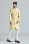 Buy_Aryavir Malhotra_Yellow Pure Silk Embroidery Gardenia Bloom Asymmetric Sherwani With Polo Pant _Online_at_Aza_Fashions