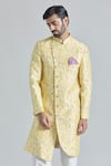 Shop_Aryavir Malhotra_Yellow Pure Silk Embroidery Gardenia Bloom Asymmetric Sherwani With Polo Pant _Online_at_Aza_Fashions