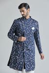 Shop_Aryavir Malhotra_Blue Pure Silk Embroidery Flora Bloom Sherwani With Polo Pant _Online_at_Aza_Fashions