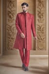 Buy_Aryavir Malhotra_Red Pure Silk Embroidery Crest Sherwani Jacket And Pant Set _at_Aza_Fashions