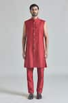 Buy_Aryavir Malhotra_Red Pure Silk Embroidery Crest Sherwani Jacket And Pant Set _Online_at_Aza_Fashions