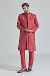 Aryavir Malhotra_Red Pure Silk Embroidery Crest Sherwani Jacket And Pant Set _at_Aza_Fashions