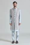 Shop_Aryavir Malhotra_Grey Pure Silk Embroidery Phool Jaal Sherwani Jacket And Pant Set _Online_at_Aza_Fashions