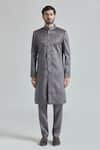 Aryavir Malhotra_Grey Pure Silk Embroidery Teardrop Bloom Sherwani Jacket And Pant Set _Online_at_Aza_Fashions