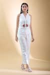 Shop_Naintara Bajaj_Ivory Cotton Beads V-neck Embroidered Waistcoat With Pant _Online_at_Aza_Fashions