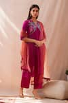 Buy_Samyukta Singhania_Pink Kurta Silk Chanderi Embroidered Thread V-neck Floral Yoke Pant Set _at_Aza_Fashions