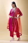 Shop_Samyukta Singhania_Pink Kurta Silk Chanderi Embroidered Thread V-neck Floral Yoke Pant Set _Online_at_Aza_Fashions