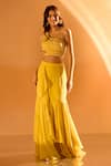 Shop_Samyukta Singhania_Yellow Crepe Embroidered Mirror Asymmetric Blouse With Skirt _Online_at_Aza_Fashions