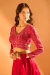 Samyukta Singhania_Pink Imported Satin Embroidered Bead V Placement Pre-draped Saree With Blouse _Online_at_Aza_Fashions