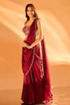 Samyukta Singhania_Wine Crepe Embroidered Bead Plunge Hem Pre-draped Saree With Blouse _Online_at_Aza_Fashions