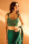 Samyukta Singhania_Green Blouse Net Embroidered Bead Sweetheart Hem Pre-draped Saree With Neck _Online_at_Aza_Fashions