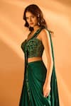 Samyukta Singhania_Green Blouse Net Embroidered Bead Sweetheart Hem Pre-draped Saree With Neck _at_Aza_Fashions