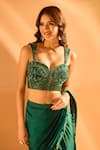 Buy_Samyukta Singhania_Green Blouse Net Embroidered Bead Sweetheart Hem Pre-draped Saree With Neck 