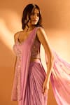 Buy_Samyukta Singhania_Purple Georgette Embroidered Floral V Neck Hem Pre-draped Saree With Blouse _Online_at_Aza_Fashions