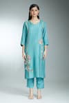 Samyukta Singhania_Blue Cotton Embroidered Zardozi Round Neck Kurta Pant Set _Online_at_Aza_Fashions