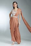 Samyukta Singhania_Brown Pre-draped Saree Raw Silk Embroidered Zardozi V-neck Solid With Blouse _Online_at_Aza_Fashions