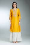 Samyukta Singhania_Yellow Kurta And Dress Raw Silk Embroidered Zardozi Kurta V-neck Paisley Set _Online_at_Aza_Fashions