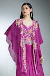 Samyukta Singhania_Wine Blouse Raw Silk Embroidered Thread Cape Open Asymmetric Draped Skirt Set _at_Aza_Fashions