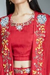 Buy_Samyukta Singhania_Red Blouse Raw Silk Embroidered Thread Cape Open Asymmetric Pleated Skirt Set 