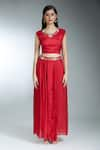 Shop_Samyukta Singhania_Red Blouse Raw Silk Embroidered Thread Cape Open Asymmetric Pleated Skirt Set 