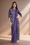 Buy_Samyukta Singhania_Purple Pre-draped Saree Georgette Embroidered Floral Bead With Jacket Blouse _at_Aza_Fashions